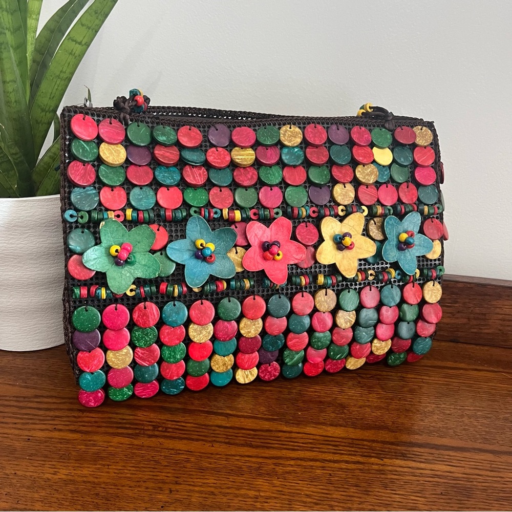 NWOT Handmade Painted Red Pink Blue Wood Beads Sewn Women's Shoulder Bag Purse